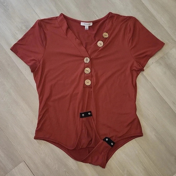 🛍Persaya Rust Orange Short Sleeve V‎ Neck Bodysuit Size XL - Picture 3 of 6